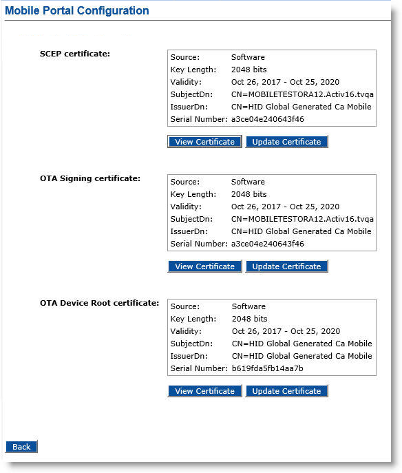 Mobile Portal Configuration dialog box with information about the SCEP certificate, the OTA Signing certificate and the OTA Device Root certificate